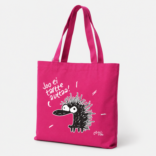Kiroileva Siili ostoskassi "Joo, ei tartte auttaa!", pinkki